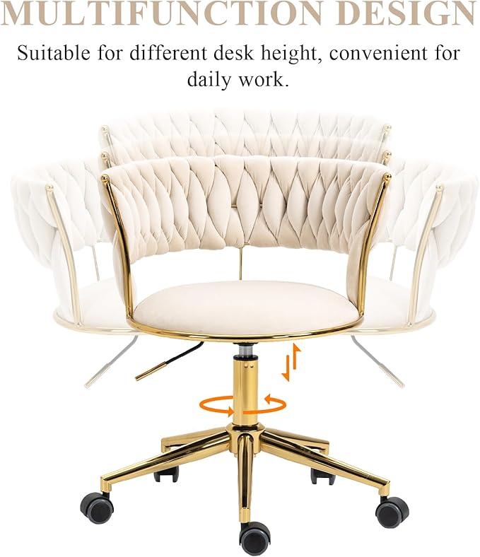Home Office Chair with Hand Woven, Velvet Upholstered Desk Chair with Open Back, 360° Swivel & Height Adjustable Task Chair, Ergonomic Office Chair with Gold Base (Ivory)