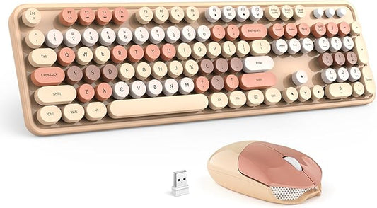 Wireless Keyboard and Mouse Combo - GEEZER Coffee Full-Sized Colorful Keyboard 104 Keys - USB 2.4 G Receiver Plug and Play with Round Keycap Typewriter Keyboards, for Windows, PC, Laptop, Desktop