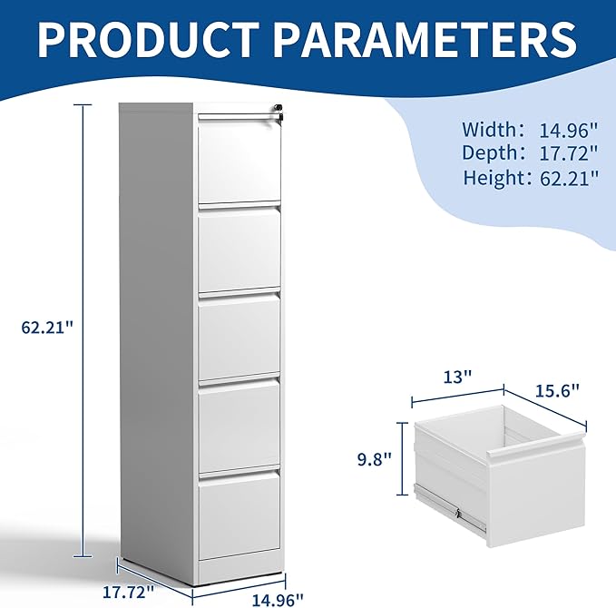 5-Drawer Locking Vertical File Cabinet, Metal Storage Cabinet for Office/Home – Secure Vertical Filing for Letter/Legal/A4/F4 Documents, Easy to Assemble Steel Cabinet (White, 5 Drawer-64 H)