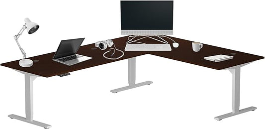 Progressive Desk Stand Up Height Adjustable Standing Desk - L Shaped 85" x 72" Corner Computer Rising Workstation Electric Table - Gray Frame, Roasted Walnut Top