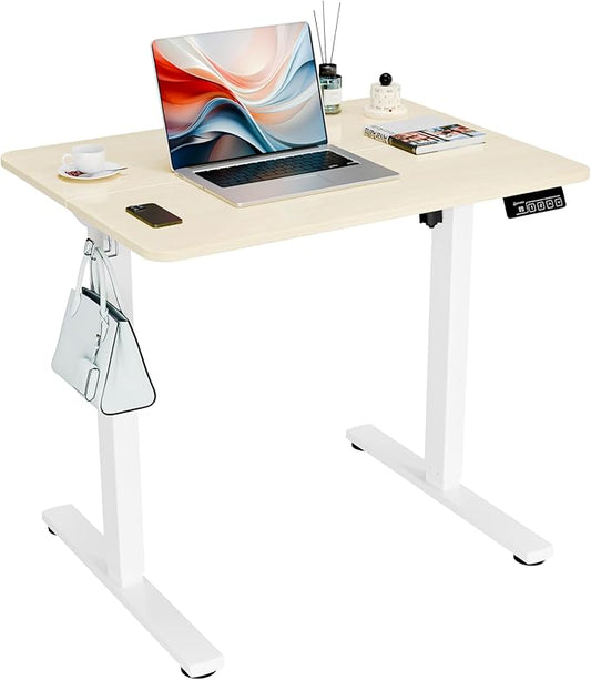 ERGOMAKER Electric Standing Desk, 31.5" x 23.6" Height Adjustable Sit Stand Desk with Splice Board for Home Office, Computer Desk Memory Preset (White Frame, Gold Oak Desktop)