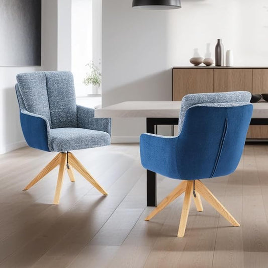Art Leon Swivel Accent Chair Set of 2 - Mid Century Modern Desk Chair No Wheels, Fabric Upholstered Arm Chair with Oak Wood Legs for Living Room Home Office, Blue