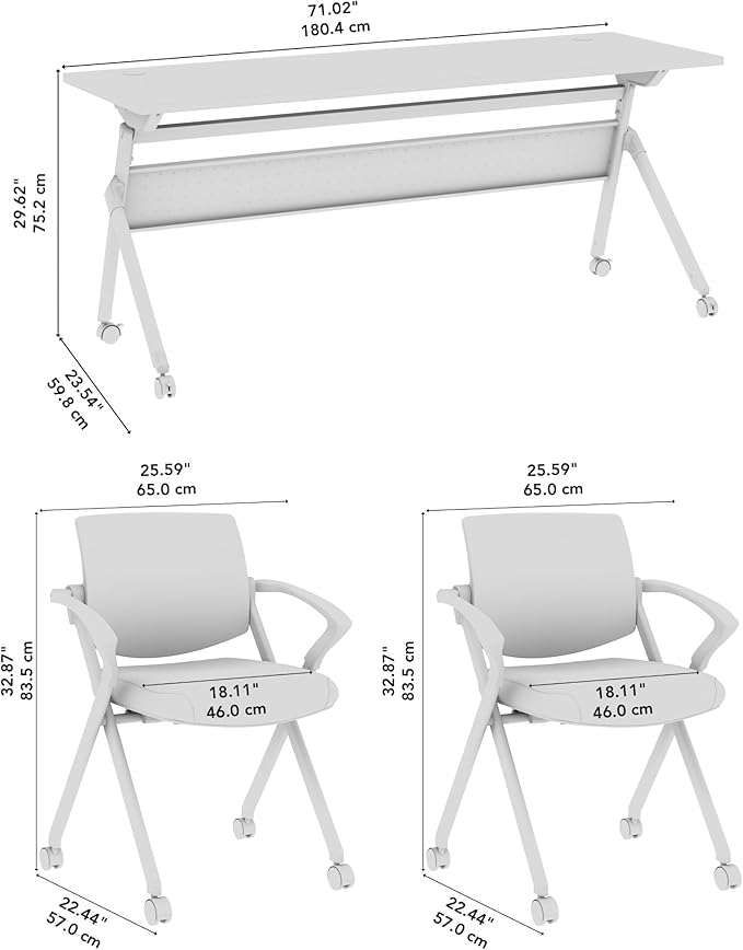 Bush Business Furniture Folding Training Table Set for 2, 72 inch Desk with Powered Grommets and 2 Chairs with Arms, Commercial-Grade Bundle for Office or Classroom, Envision Collection, White