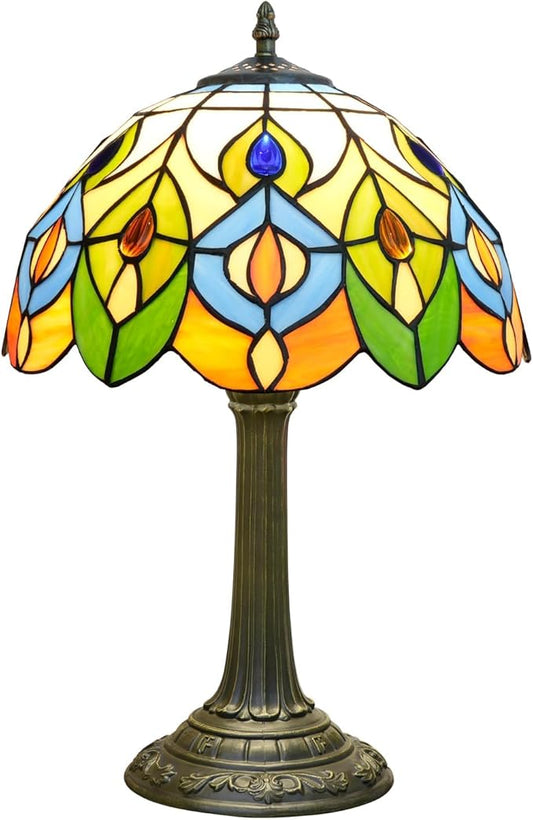 Tiffany Lamp Stained Glass Table Lamp 12-Inch Green Peacock Feather Living Room Bedside Table Coffee Shop Dormitory Home Office Decoration Tiffany Style Retro Luxury Decoration Gift (Orange lamp)