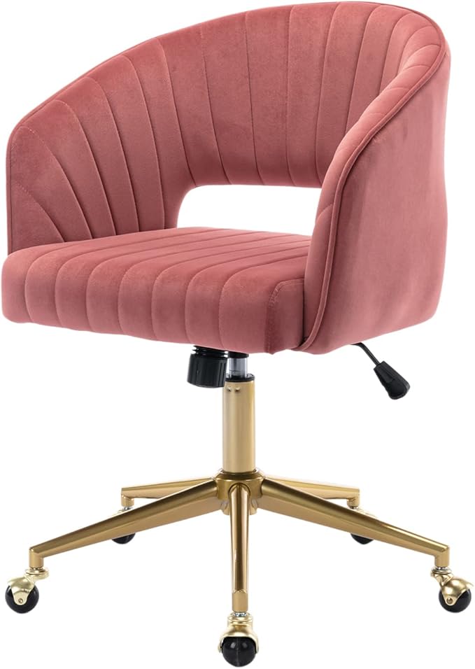 Nrizc Velvet Home Office & Living Room Desk Chairs with Adjustable Swivel Wheels, Ergonomic Upholstered Office Chair for Bedroom, Vanity Study (Rose)