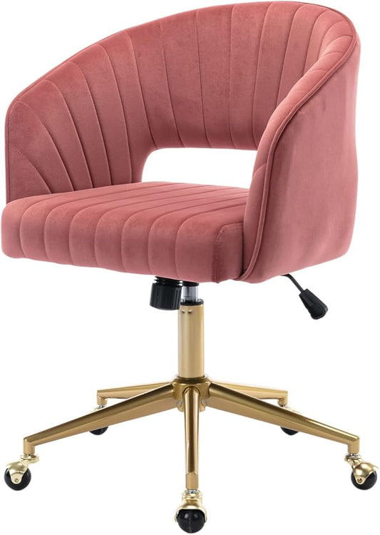 Nrizc Velvet Home Office & Living Room Desk Chairs with Adjustable Swivel Wheels, Ergonomic Upholstered Office Chair for Bedroom, Vanity Study (Rose)