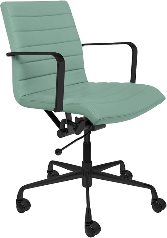 Laura Davidson Furniture SOHO II Ribbed Office Chair - Mid Back Desk Chair, Ergonomically Designed with Arm Rest & Swivel, Made of Faux Leather, Sage Green with Black Frame, Computer Chair