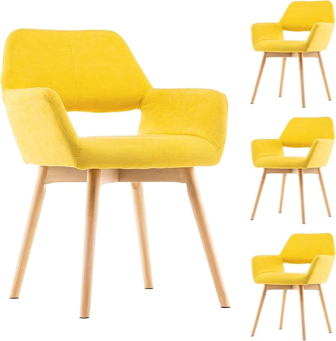 Mid Century Modern Dining Chairs Set of 4 & 2 & 6 Comfy Accent Chair Upholstered Kitchen Dining Living Room Chairs for Bedrooms Waiting Room Home Arm Desk Chair No Wheels (Yellow, 4)