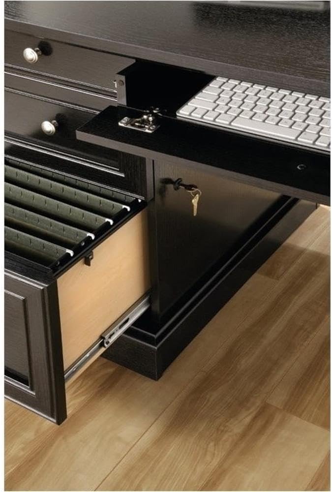 Pemberly Row Contemporary Engineered Wood L-Shaped Computer Desk with 3 Drawers, Flip-Down Panel, Grommet Holes, for Office Space, in Wind Oak Finish