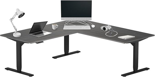 Progressive Desk Height Adjustable Electric Standing Desk - L Shaped 72" x 72" Computer Stand Up Rising Workstation Corner Table - Black Frame, Gray Oak Top