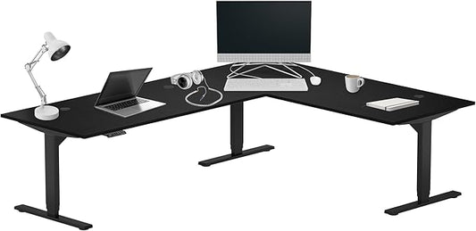 Progressive Desk Stand Up Height Adjustable Standing Desk - L Shaped 85" x 72" Corner Computer Rising Workstation Electric Table - Ebony Oak, Black Frame