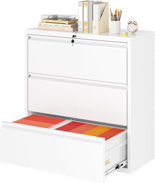 Greenvelly 3 Drawer Lateral File Cabinet with Lock, White Filing Cabinet for Home Office, Locking Metal File Cabinet for Legal/Letter/A4/F4 Size with Hanging Bars&Key