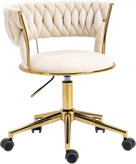 NIOIIKIT Velvet Office Desk Chair with Hand Woven Backrest, 360° Swivel & Height Adjustable Task Chairs, Makeup Chair, Living Room Chairs with Stainless Base and 5 Wheels (Ivory)