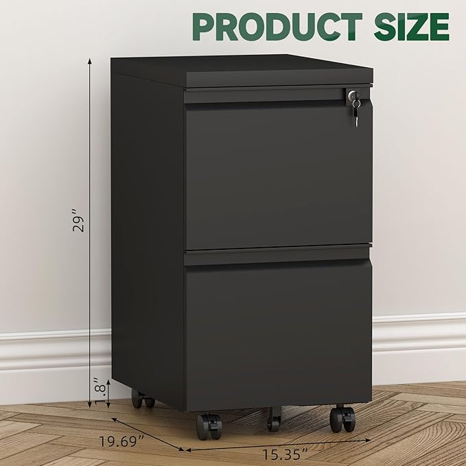 2 Drawer Black File Cabinet with Lock,29" H Small Filing Cabinet for Under Desk,Metal Mobile File Cabinet for Home Office Organizer Letters/Legal/A4(Assembly Required)