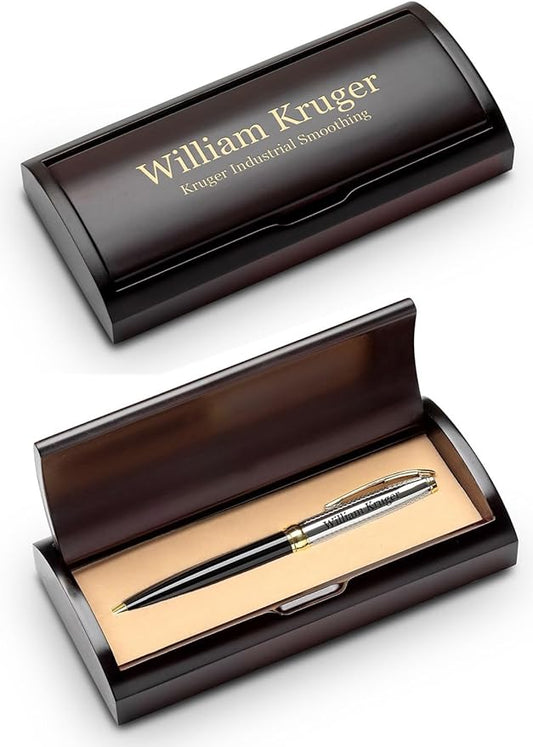 Executive Gift Shoppe | Custom Engraved Black & Gold Ballpoint Pen with Cherry Wood Box