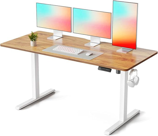 FEZIBO Standing Desk, 63×28 Inches Electric Height Adjustable, Sit Stand Up, Computer Office Desk with Splice Board, White Frame/Light Rustic TOP