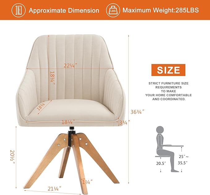 Furniliving Mid Century Modern Swivel Accent Chair for Living Room Set of 2, Wood Desk Chair with Arms Mid Back Arm Chairs Upholstered Vanity Chair No Wheels for Home Office/Bedroom, Faux Linen Beige