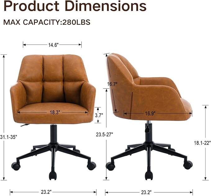 Brown Home Office Chair with Wheels, Adjustable Computer Chair Swivel Desk Chair with Mid Back, Upholstered Task Chair for Bedroom, Office, Small Spaces, Brown