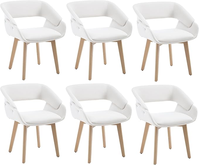 Home Office Desk Chair No Wheels Set of 6, Upholstered Linen Fabric Modern Accent Side Armchair with Wood Legs Hollow-Out Back, for Vanity Living Dining Room Bedroom, Beige