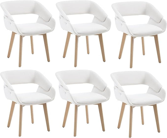 Home Office Desk Chair No Wheels Set of 6, Upholstered Linen Fabric Modern Accent Side Armchair with Wood Legs Hollow-Out Back, for Vanity Living Dining Room Bedroom, Beige