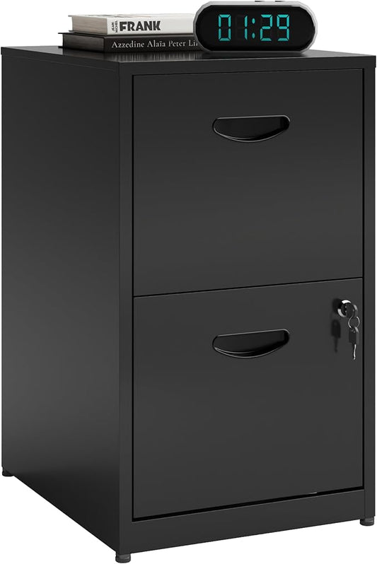 2 Drawer File Cabinet with Lock, Metal File Cabinets for Home Office, Two Drawer Locking Filing Cabinet, Small File Cabinet for Under Desk for Hanging Letter Size, Black, Assembly Required