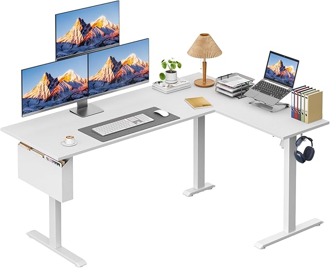 L Shaped Electric Standing Desk,63 Inch Adjustable Height Sit to Stand Corner Desk with Memory Presets,Reversible Computer Table for Home Office,Work and Study,White