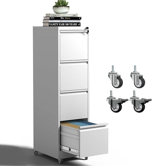 4 Drawer Mobile File Cabinet, Metal Filing Cabinet with Lock and Wheels, Home Office Rolling File Cabinets for Legal/Letter Hanging File Folders, Un-Assembled (White)