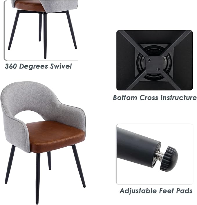 DUOMAY Modern Swivel Dining Chairs Set of 6, Linen & Faux Leather Upholstered Accent Side Chair, Home Office Desk Chair with No Wheels for Dining Room Living Room Office, Light Grey