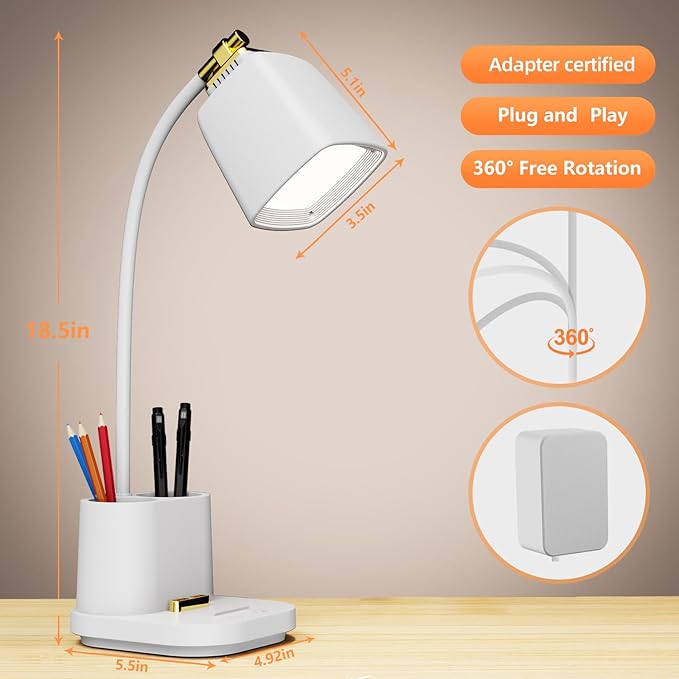 LED Desk Lamp with USB Charging Port Touch Control 3 Color Modes, Stepless Dimming,Eye-Caring LED Table Lamp for Home,Office,Bedroom,Reading,Work,Study,Gooseneck Lamp, 5V, 2.4A
