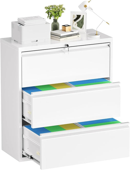 Incbruce 28" W 3 Drawer Lateral File Cabinet, Metal 3 Drawer Lateral Filing Cabinet with Lock, Steel Wide Filing Organization Storage Cabinet for Home, Office, Fit A4/F4/Letter/Legal File (White)