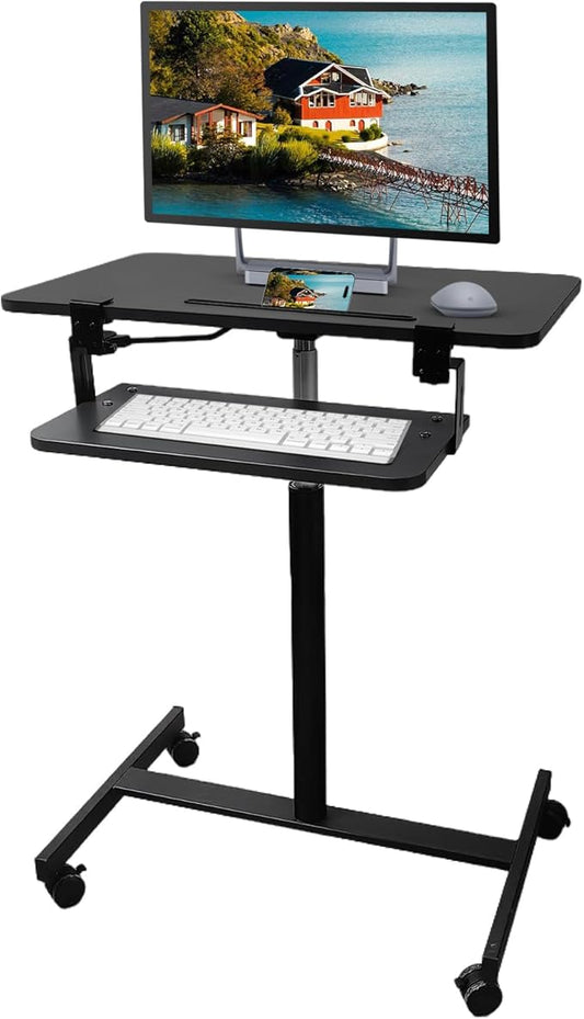 Mobile Standing Desk,Rolling Desk Adjustable Height,Laptop Cart on Wheels with Keyboard Tray&Monitor Stand Riser,Overbed Table for Home,Office,Podium (Black)