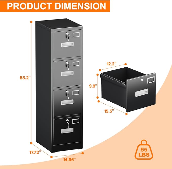 Aobabo 4 Drawer File Cabinet, Metal Filing Cabinet with Lock for Office Letter/Legal Size,Black,Required-Assembly