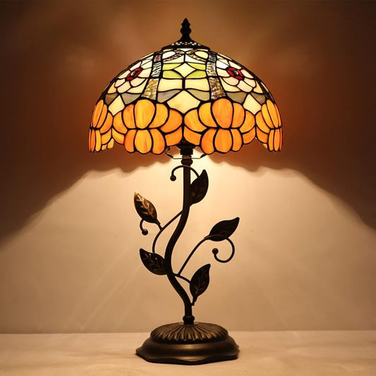 Tiffany Lamp Orange Flower Stained Glass Table Lamp Desk Bedside Reading Light 12X12X19 Inches with Metal Leaf Base Decor Bedroom Living Room