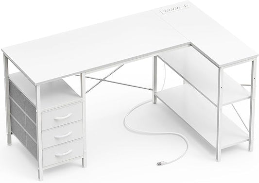 Huuger L Shaped Office Desk with Power Outlets, 47 Inch Computer Desk with 3 Drawers, Shelves, for Gaming, Corner Work, Home Office, Study, White