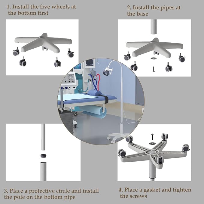 Surgical Examination Light Lamp 5W/12W Floor Stand Type Medical Exam Lamp, w/Universal Wheels Mobile Shadow Less Flexible Gooseneck LED Exam(5W Basic Inspection Light)