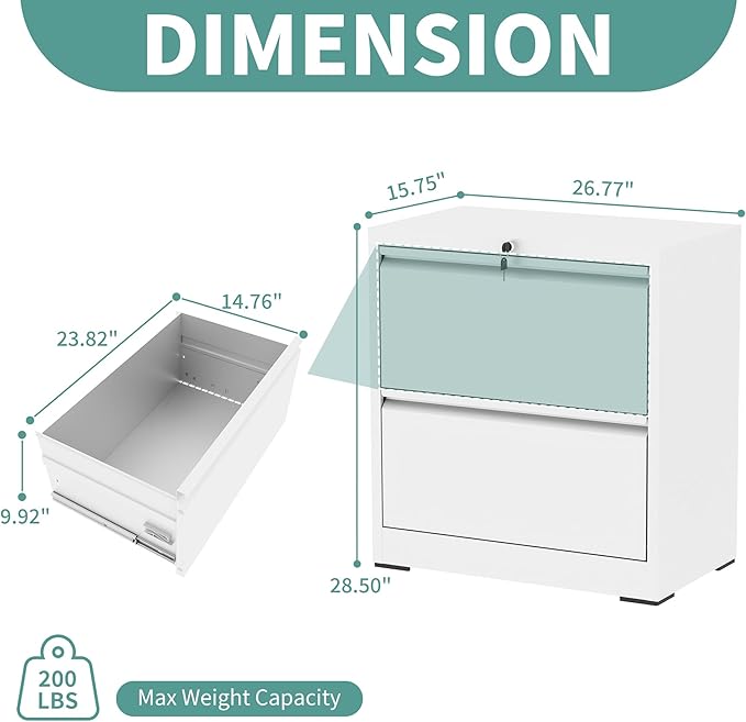 AQY 2 Drawer File Cabinet with Lock,Metal Lateral File Cabinets for Home Office,Steel Wide Filing Organization Storage Cabinets for Hanging Files Letter/Legal/F4/A4 Size,Assembly Required(White)