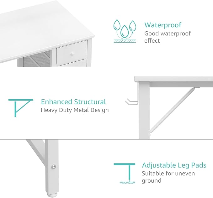 Lufeiya White Computer Desk with Fabric Drawers, 47 Inch Reversible Study Work Writing Desk for Home Office Bedroom, Simple Modern Cute PC Desks with Drawer, White