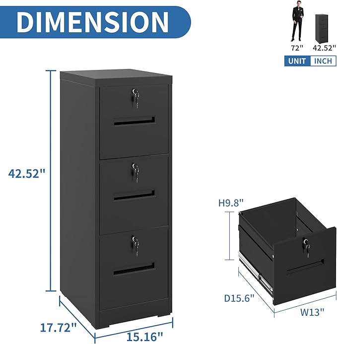 3 Drawer File Cabinet with 3 Individual Locks, Vertical Metal Filing Cabinet Home Office Narrow Locking File Cabinets for A4/Legal/Letter File Folders, Anti-Tilt Design, Need Assemble (Black)
