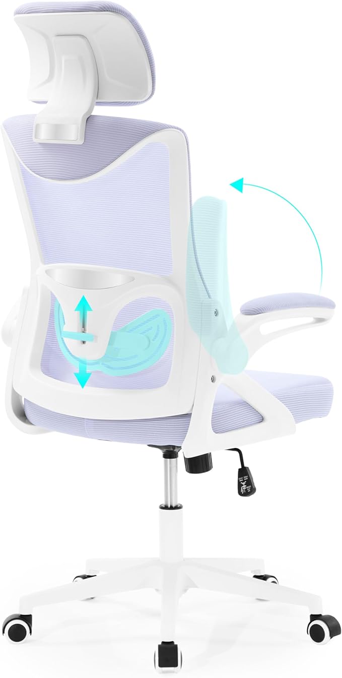 Fizzin Ergonomic Office Chair,Ergonomic Desk Chair with Headrest Mesh Computer Chair with High Back Adjustable Lumbar Support, Rolling Swivel Chairs with Wheel Armrests for Home Office (Lavender)