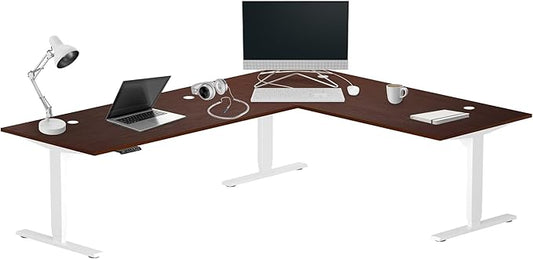Progressive Desk Stand Up Height Adjustable Standing Desk - L Shaped 85" x 72" Corner Computer Rising Workstation Electric Table - White Frame, Dark Cherry Top