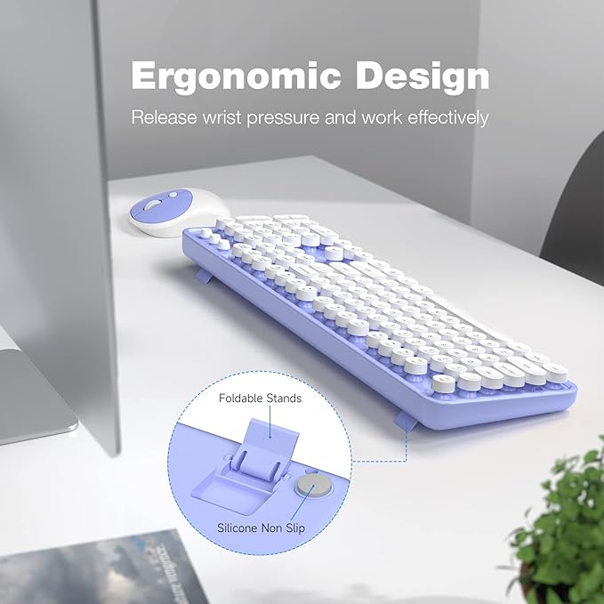 Wireless Keyboard and Mouse Combo - GEEZER Purple-White Full-Sized Colorful Keyboard 104 Keys - USB 2.4 G Receiver Plug and Play with Round Keycap Typewriter Keyboards, for Windows, PC, Laptop