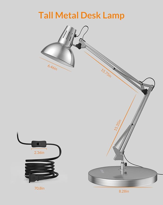 LEPOWER Metal Desk Lamp, Adjustable Goose Neck Architect Table Lamp with On/Off Switch, Swing Arm Desk Lamp with Clamp, Eye-Caring Reading Lamp for Bedroom, Study Room &Office (Silver)