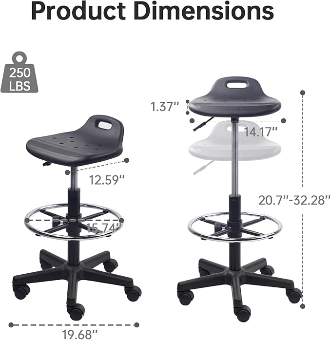 Adjustable Height Drafting Rolling Stool with Foot Rest Breathable Seat Cushion Swivel Chair, Multi-Purpose Work Stools for Nail Salon Office Bar Lab Counter Barber Kitchen Shop Black, 2PK
