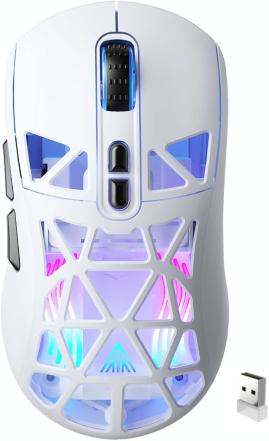 SOLAKAKA SM802 White Wireless Gaming Mouse,10000 DPI,Tri-Mode Wired/BT 5.0/2.4GHz Wireless Mouse Gaming with Side Button,RGB Programmable Macro Mouse for Laptop