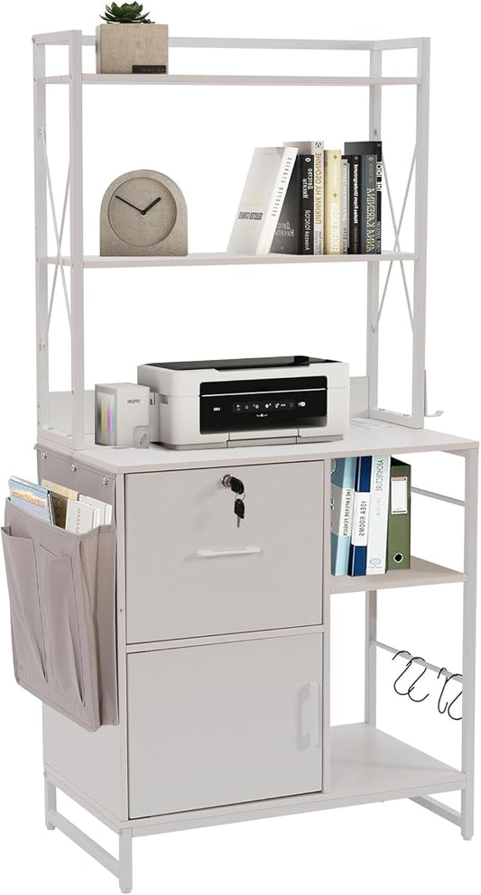 Vertical File Cabinet,Filing Cabinet with Shelves,Charging Station,Hanging Pouch and Hooks,Vertical Filing Cabinet Fits Letter/A4/Legal Size (White)