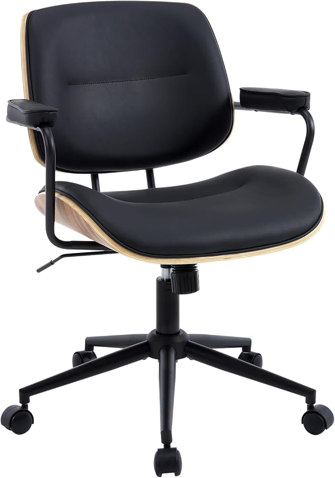 BV Mid Century Modern Office Chair Set of 1, Swivel Rolling Deak Chair with Armrests and Walnut Back, Adjustable Desk Chair for Home Office, Black