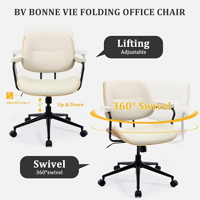 BV Mid Century Modern Office Chair Set of 1, Swivel Rolling Deak Chair with Armrests and Walnut Back, Adjustable Desk Chair for Home Office, Beige