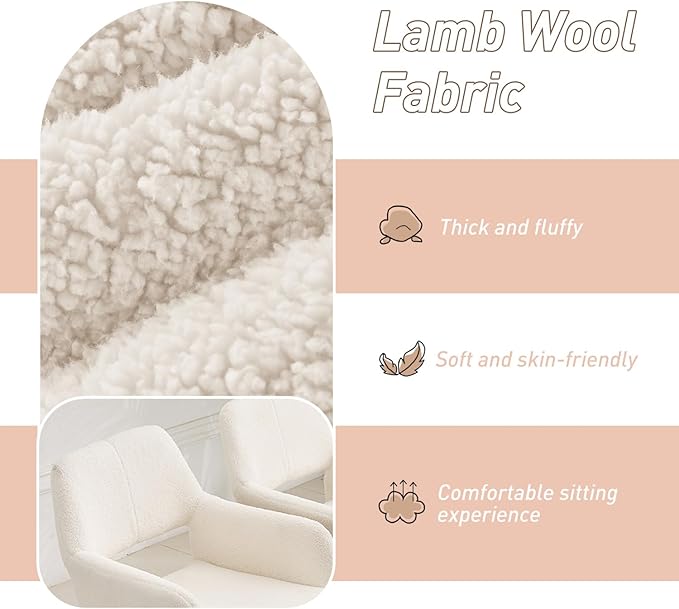 Desk Chair No Wheels Vanity Chair Makeup Chair Comfy Accent Chair for Living Dining Room Bedroom Home Office Mid Century Modern Upholstered Armchair Sofa with Wood Legs (Wool White, 1)