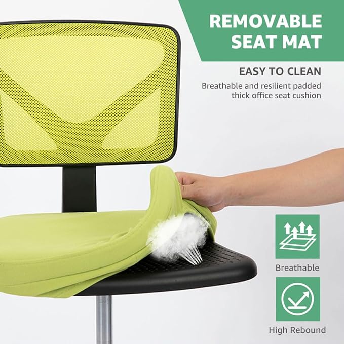 Armless Mesh Office Chair, Ergonomic Low Back Deskchair, Adjustable Rolling Task Computer Swivelchairs for Small Spaces Home Bedroom Study, Yellow