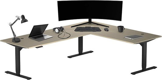 Progressive Desk Stand Up Height Adjustable Standing Desk - L Shaped 85" x 72" Corner Computer Rising Workstation Electric Table - Bright Beech, Black Frame